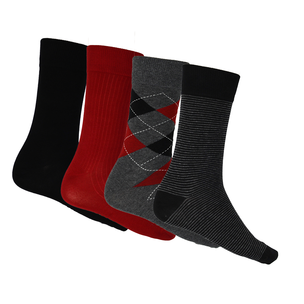 Four pairs of socks in black, red, and gray on a white background