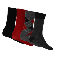 Four pairs of socks in black, red, and gray on a white background