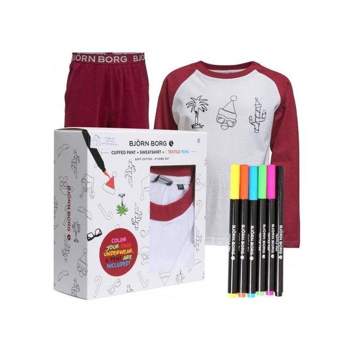 Boys Xmas Print Boys Colouring-in Pyjama Set with Pens, White/Burgundy-Bjorn Borg-UNDERU