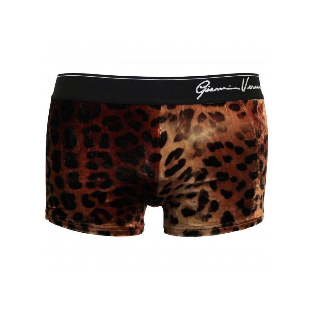 Crystals Logo Leopard Print Luxe Swim Trunks, Gold/Black-Versace-UNDERU