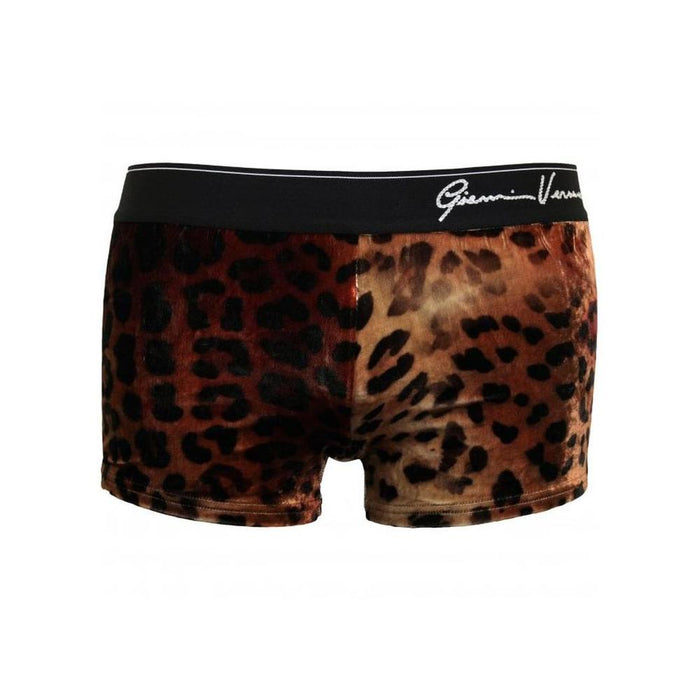Crystals Logo Leopard Print Luxe Swim Trunks, Gold/Black-Versace-UNDERU