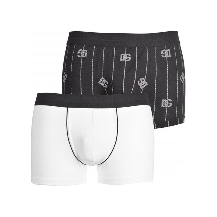 Dolce & Gabbana-2-Pack DG Logo & Stripes Boxer Trunks, Black/White-UNDERU