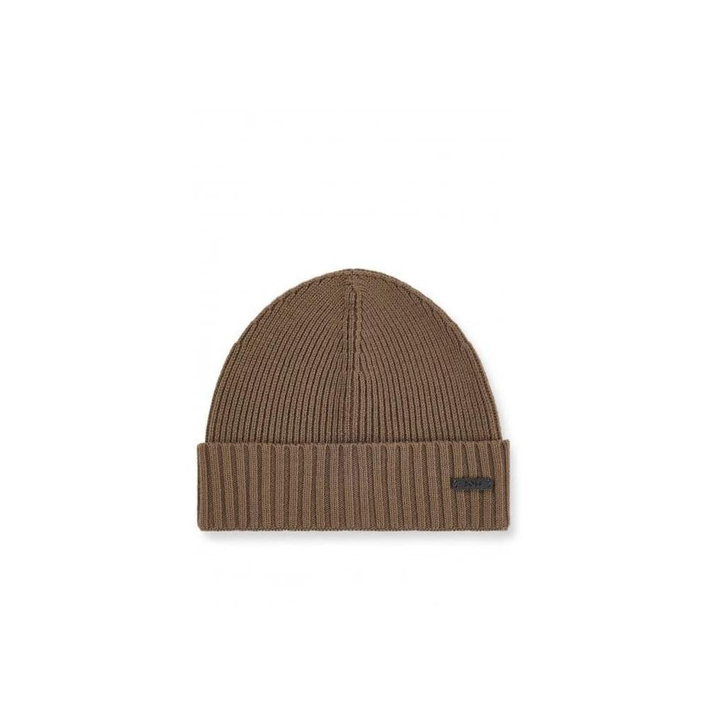 BOSS-Fati-L Ribbed Virgin Wool Beanie Hat, Medium Beige-UNDERU