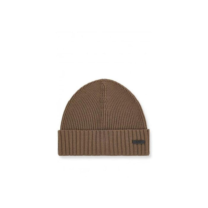BOSS-Fati-L Ribbed Virgin Wool Beanie Hat, Medium Beige-UNDERU