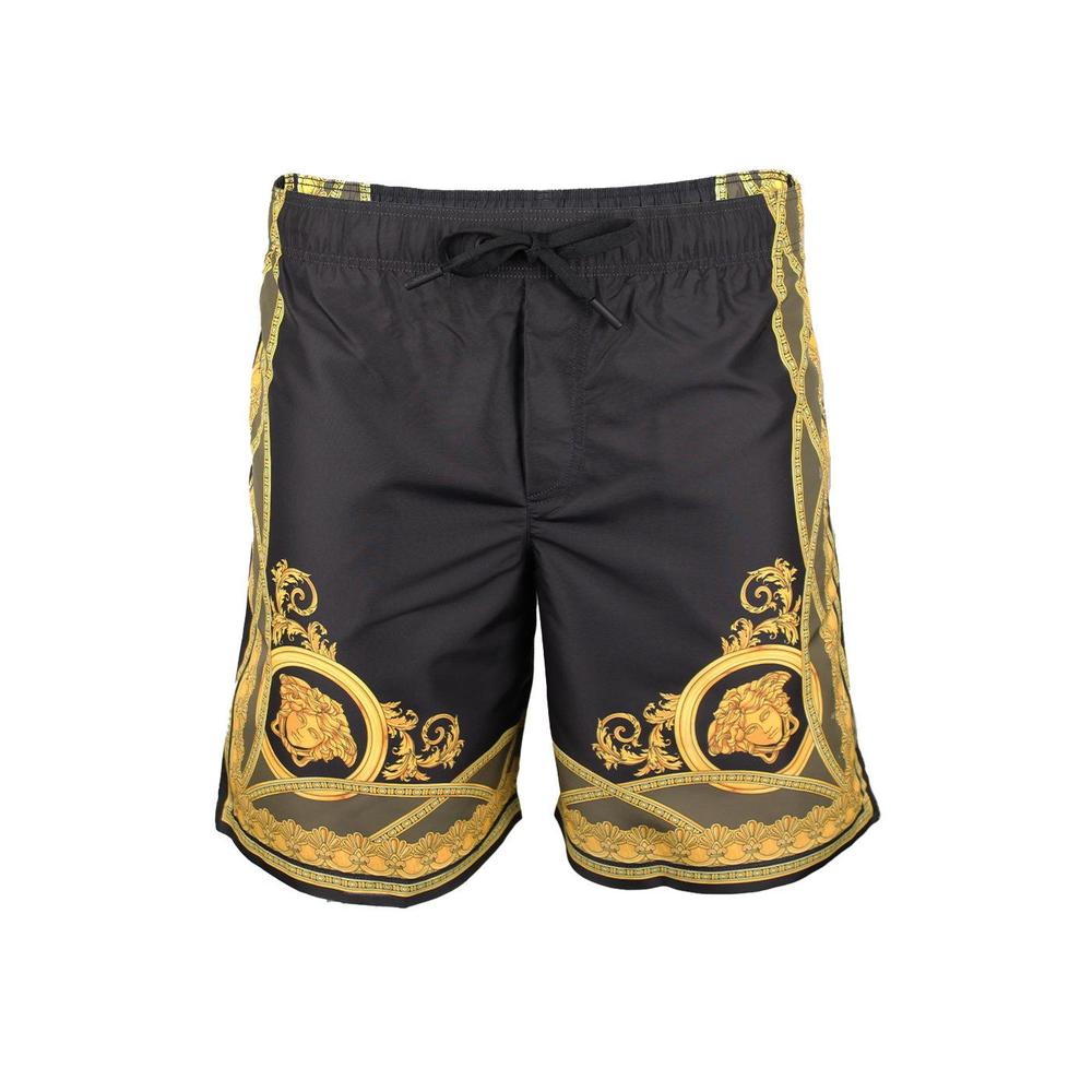 Versace Men's Longer-Length Heritage Print Swim Shorts, Black/Gold