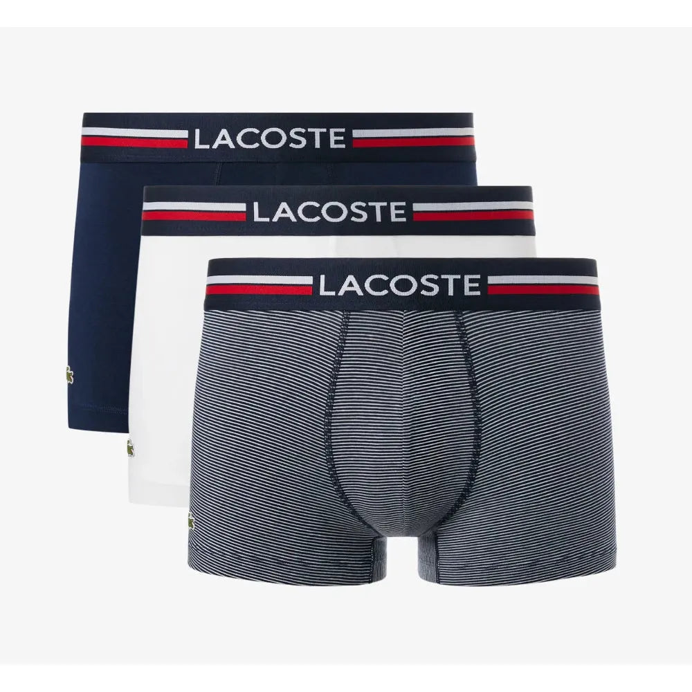 Lacoste 3-Pack Signature Waist Boxer Trunks, Navy Blue/White