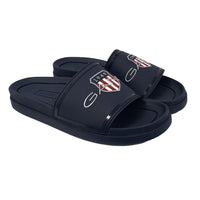 Gant navy blue slides with a logo on a white background