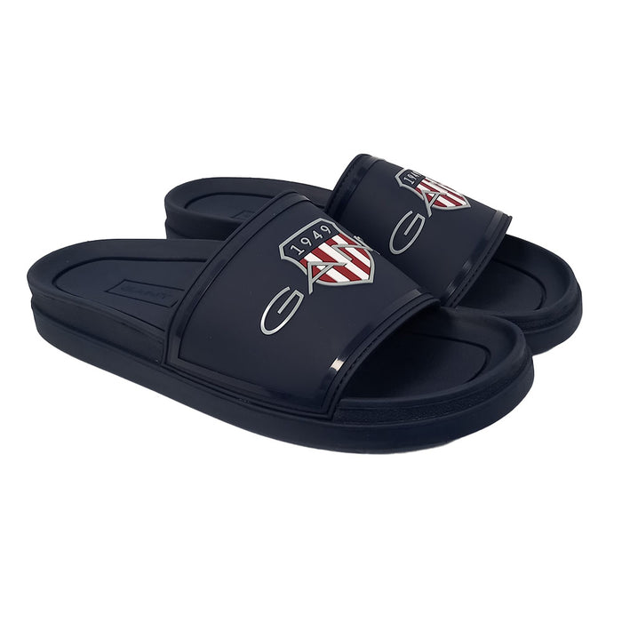 Gant navy blue slides with a logo on a white background