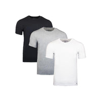 Three Calvin Klein t-shirts in black, gray, and white on a white background