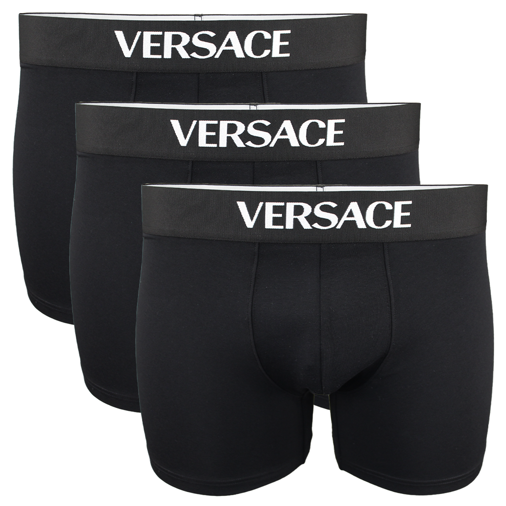 Three black Versace boxer briefs on a white background