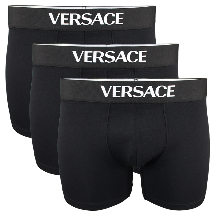 Three black Versace boxer briefs on a white background