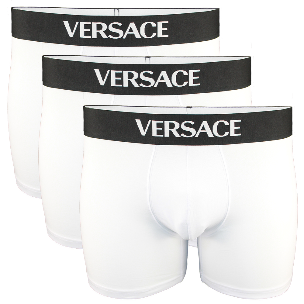 Three pairs of Versace white boxer briefs with black waistbands on a white background.