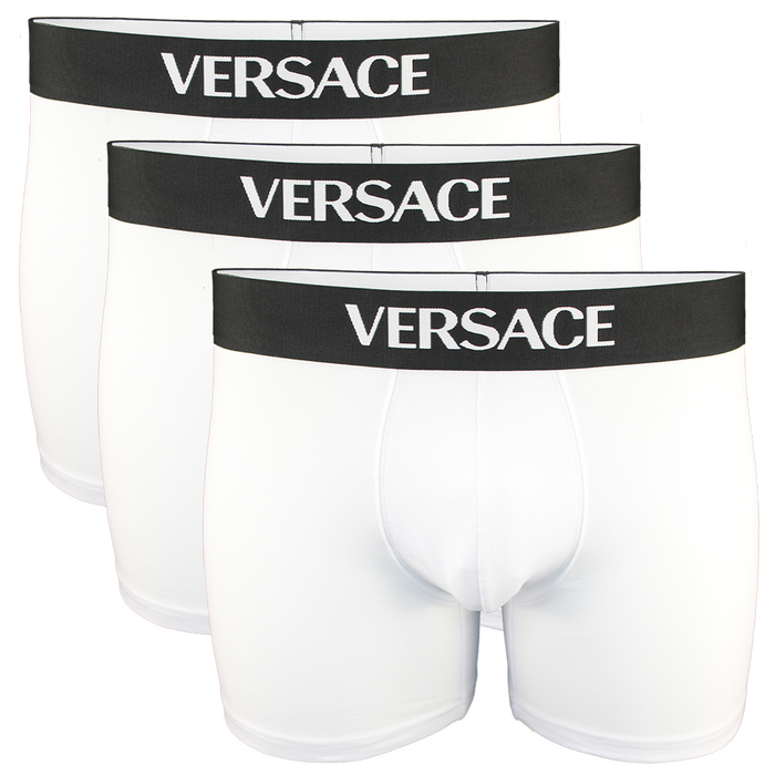 Three pairs of Versace white boxer briefs with black waistbands on a white background.