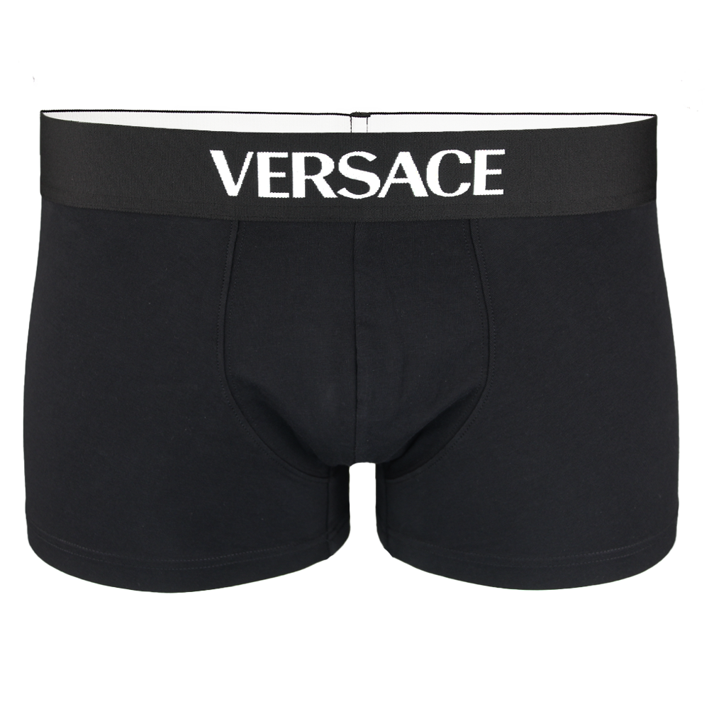 Black Versace boxer trunks on a white background