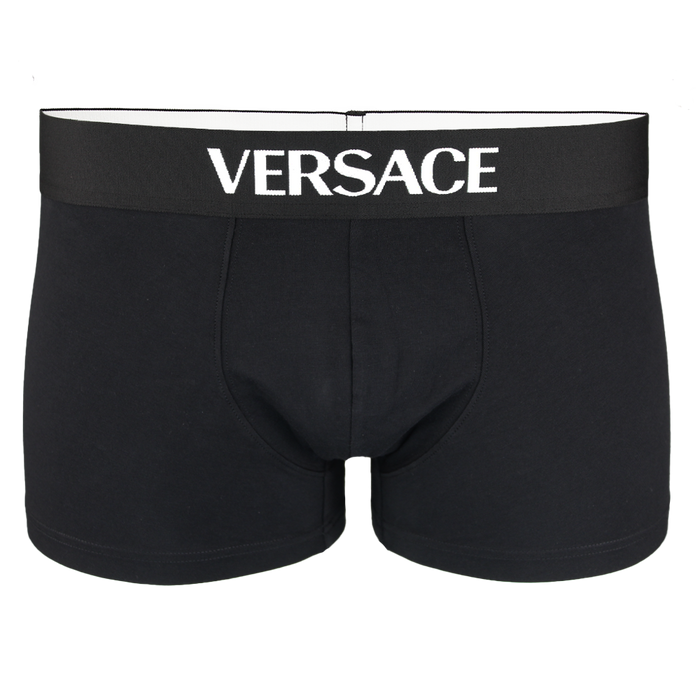 Black Versace boxer trunks on a white background