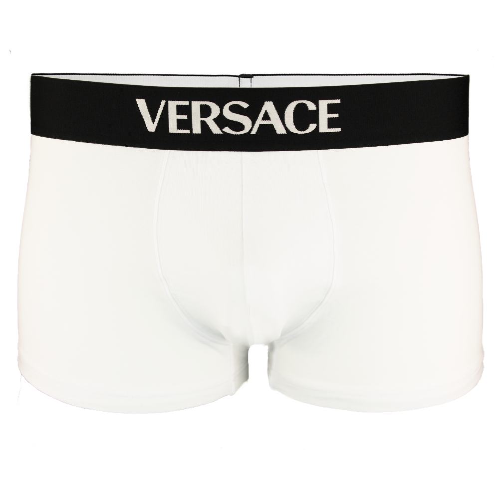 White boxer trunk with black waistband branded Versace