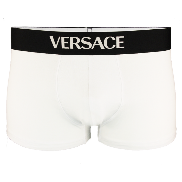 White boxer trunk with black waistband branded Versace