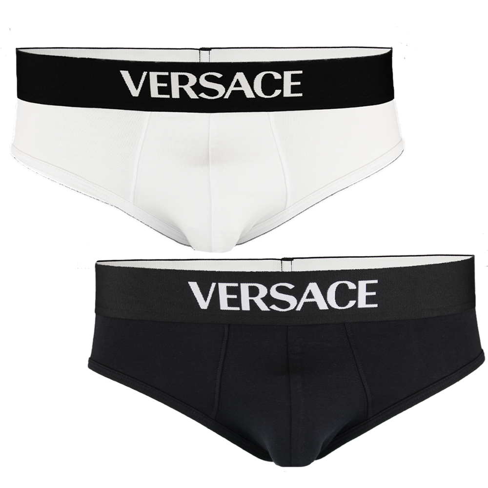 Two pairs of Versace underwear, one white and one black, on a white background.