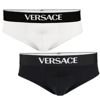 Two pairs of Versace underwear, one white and one black, on a white background.