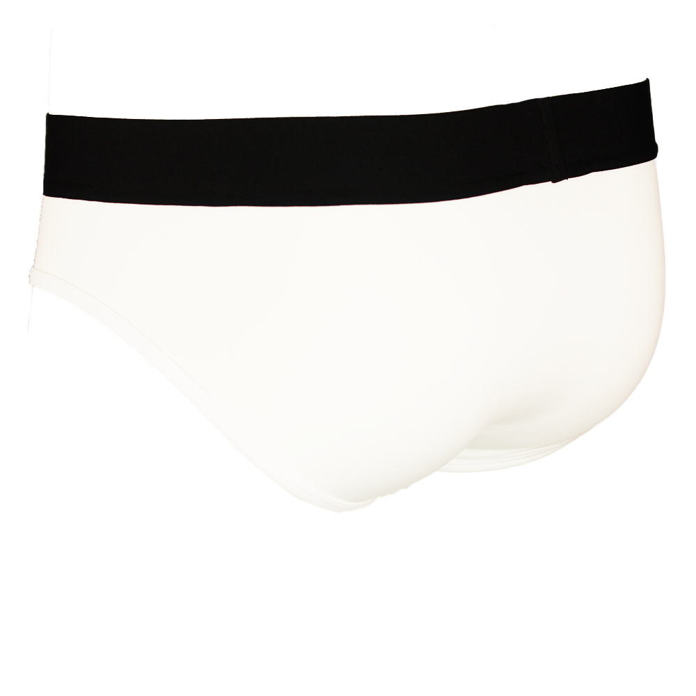 White underwear with a black waistband on a white background