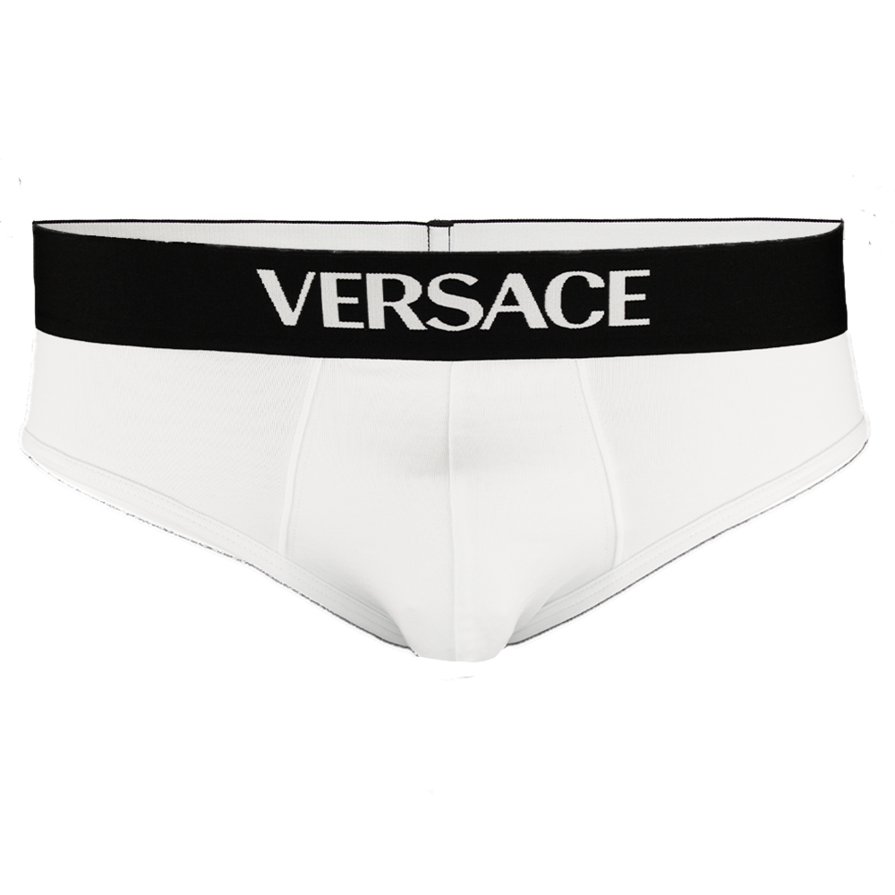 White underwear with black Versace waistband on a white background
