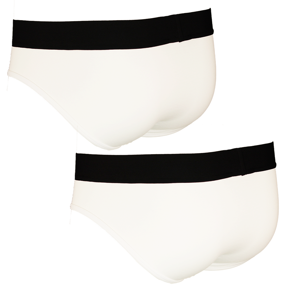 Two pairs of white underwear with black bands on a white background
