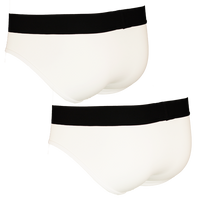 Two pairs of white underwear with black bands on a white background