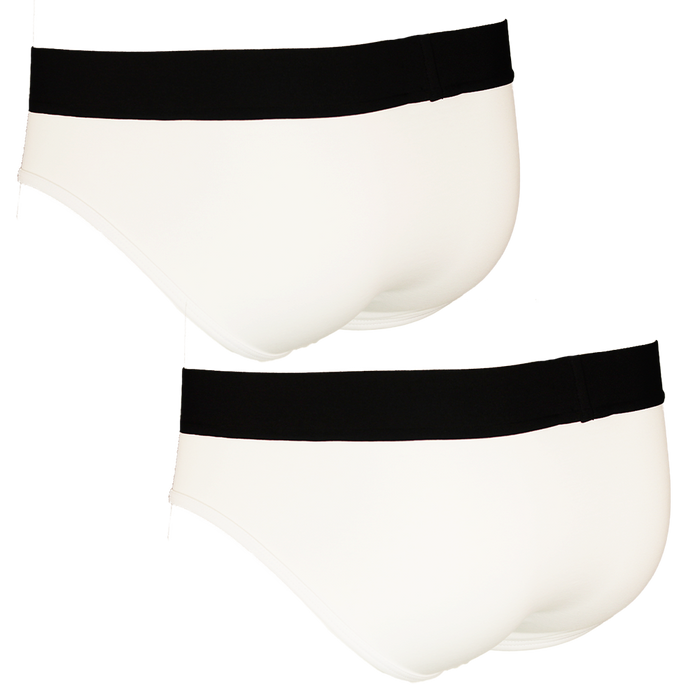 Two pairs of white underwear with black bands on a white background