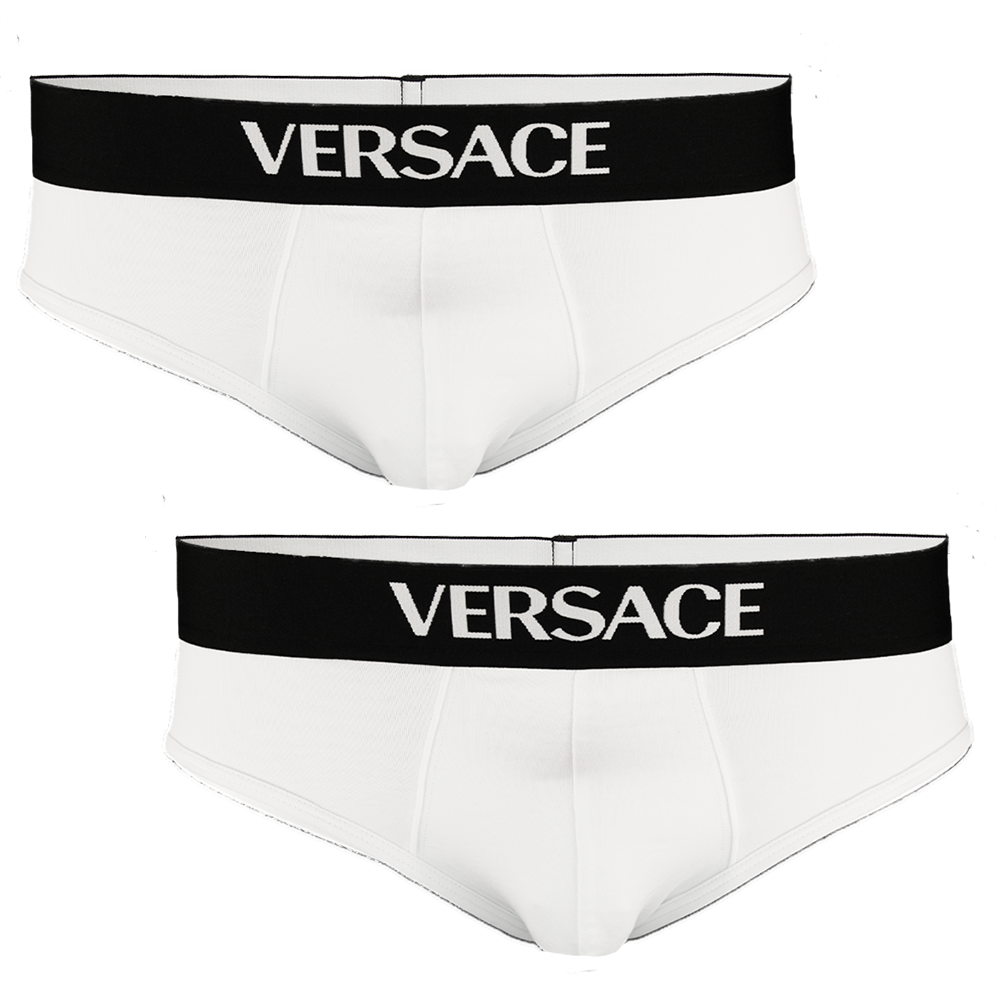 Two pairs of white Versace briefs on a white background