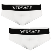 Two pairs of white Versace briefs on a white background
