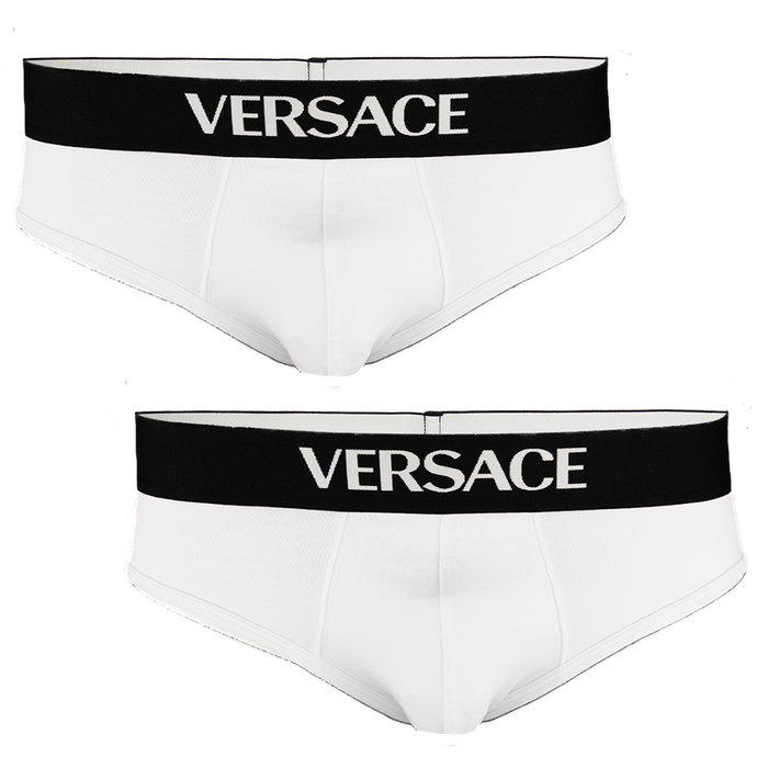 Two pairs of white Versace briefs on a white background