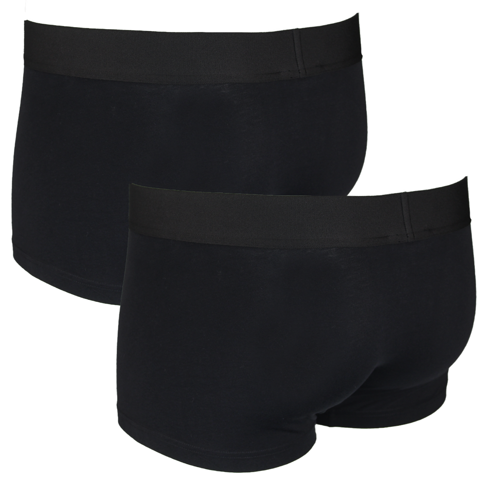 Two black boxer trunks, back view, on a white background