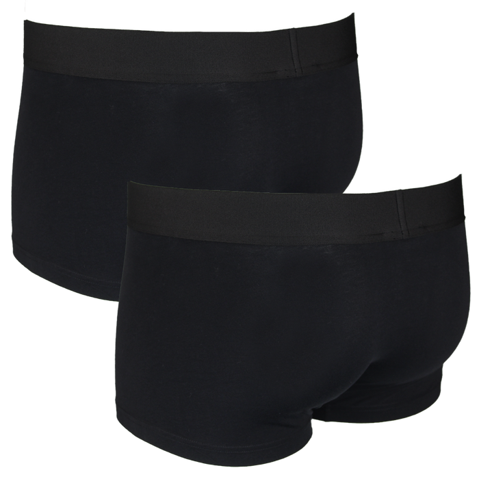 Two black boxer trunks, back view, on a white background