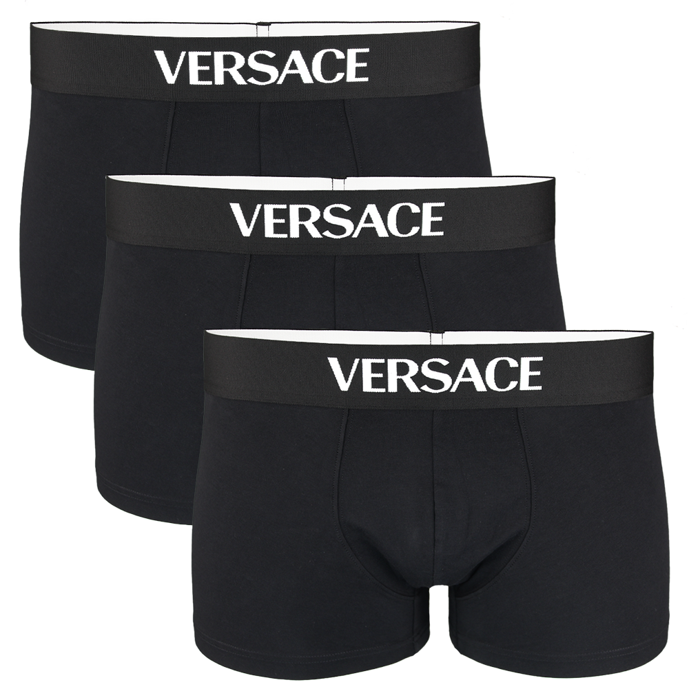 Three black Versace boxer trunks on a white background