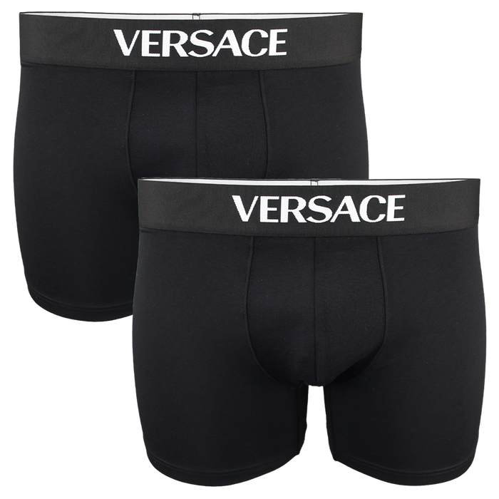 Two black Versace boxer briefs on a white background