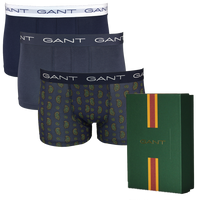 Three pairs of Gant boxer trunks with a green box featuring the Gant logo.