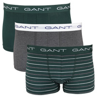 Three pairs of GANT boxer trunks in green, gray, and striped design on a white background.