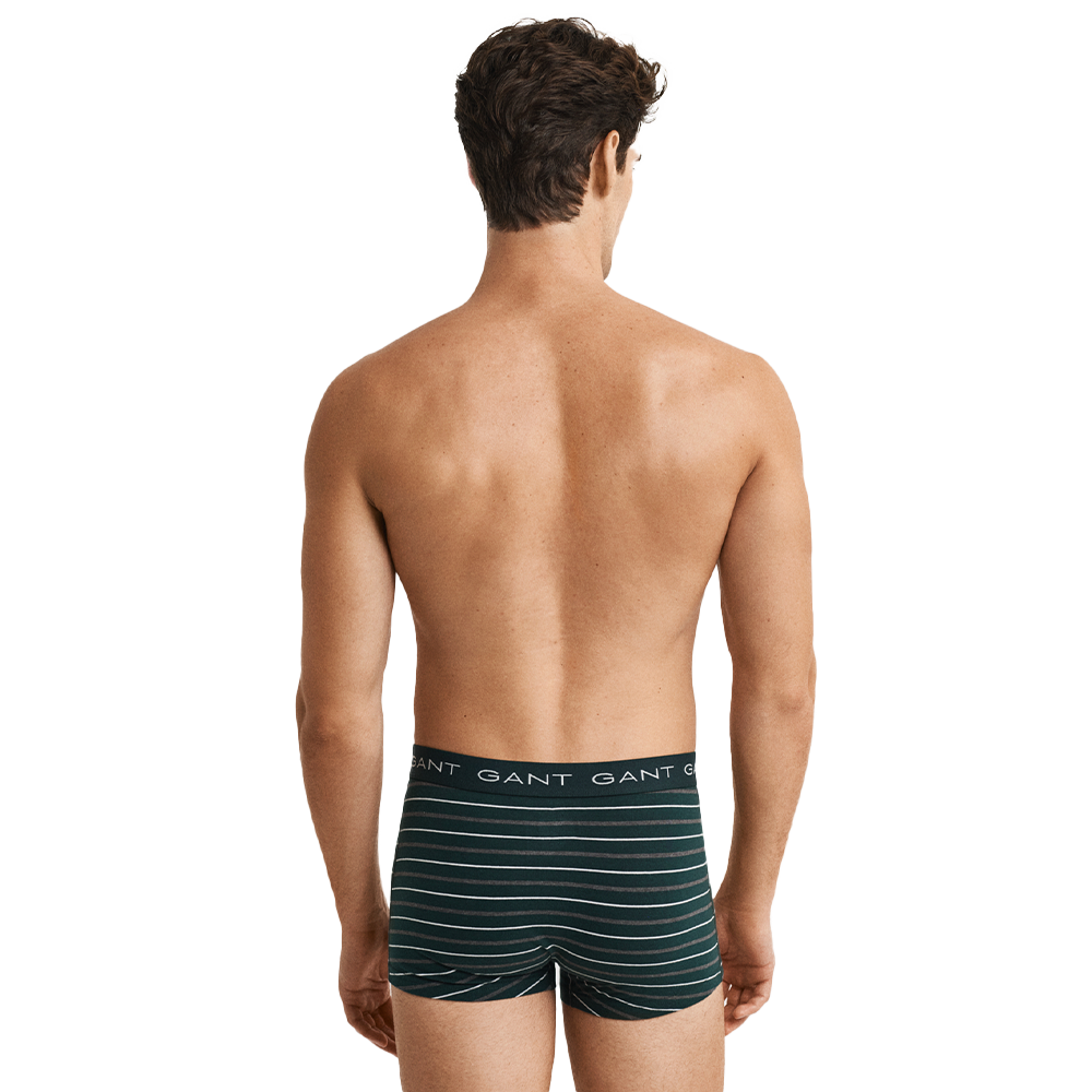Man wearing green striped underwear with 'Gant' branding on a white background
