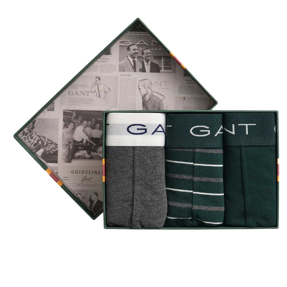 Set of GANT boxers in a box with branded newspaper design on the lid.