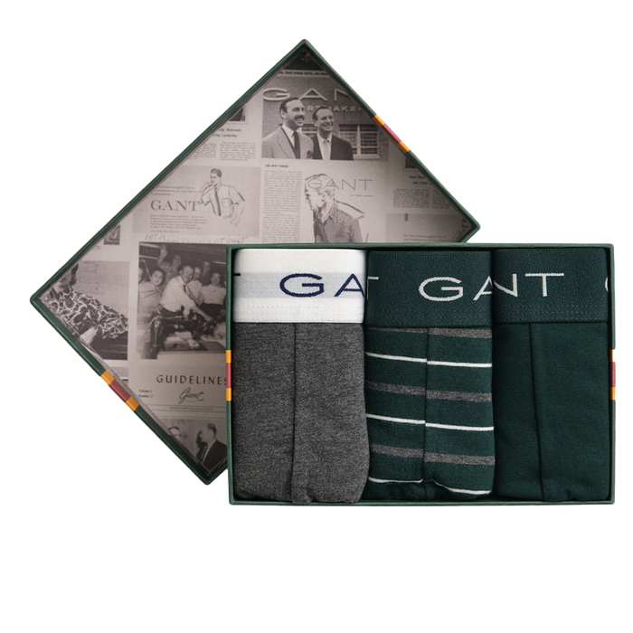 Set of GANT boxers in a box with branded newspaper design on the lid.