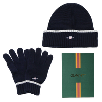 Navy beanie and gloves set with GANT logo on a white background