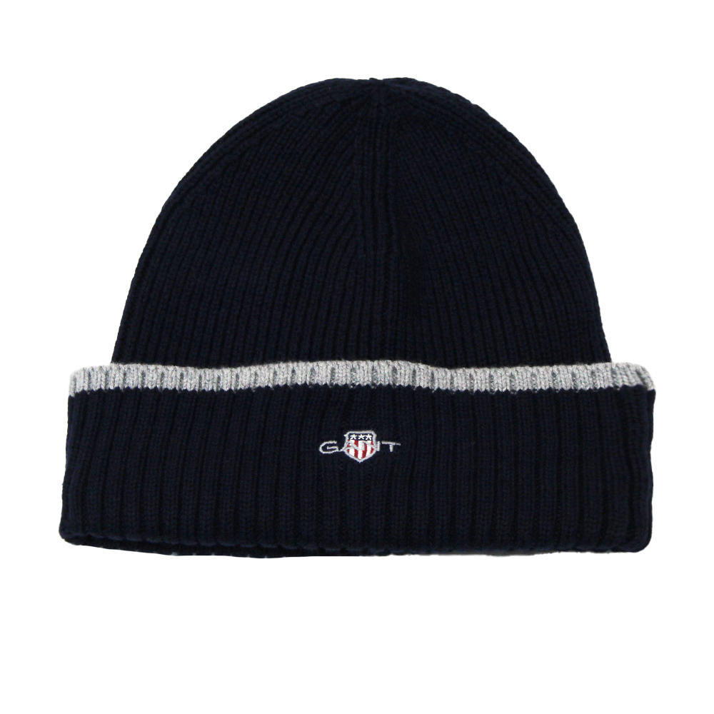 Navy  beanie with gray band featuring a logo on a white background