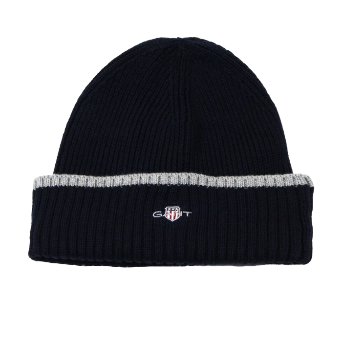 Navy  beanie with gray band featuring a logo on a white background