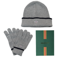 Gray knit beanie and gloves set with GANT logo, including a green box with GANT branding.