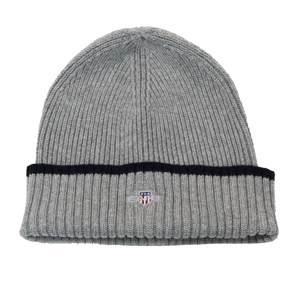 Gray knit beanie with black band on a white background