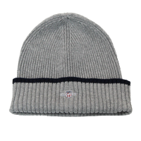 Gray knit beanie with black band on a white background