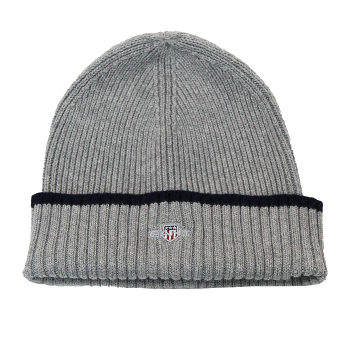 Gray knit beanie with black band on a white background