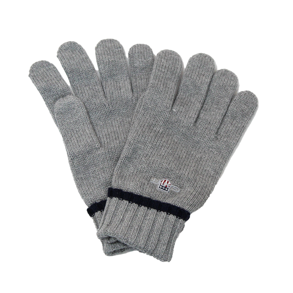 Pair of gray gloves with a brand logo on a white background
