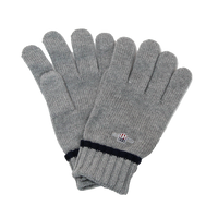 Pair of gray gloves with a brand logo on a white background