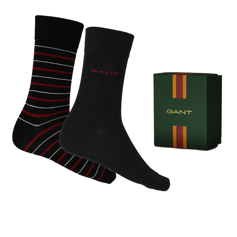 Black socks with red and white stripes and a Gant branded box on a white background